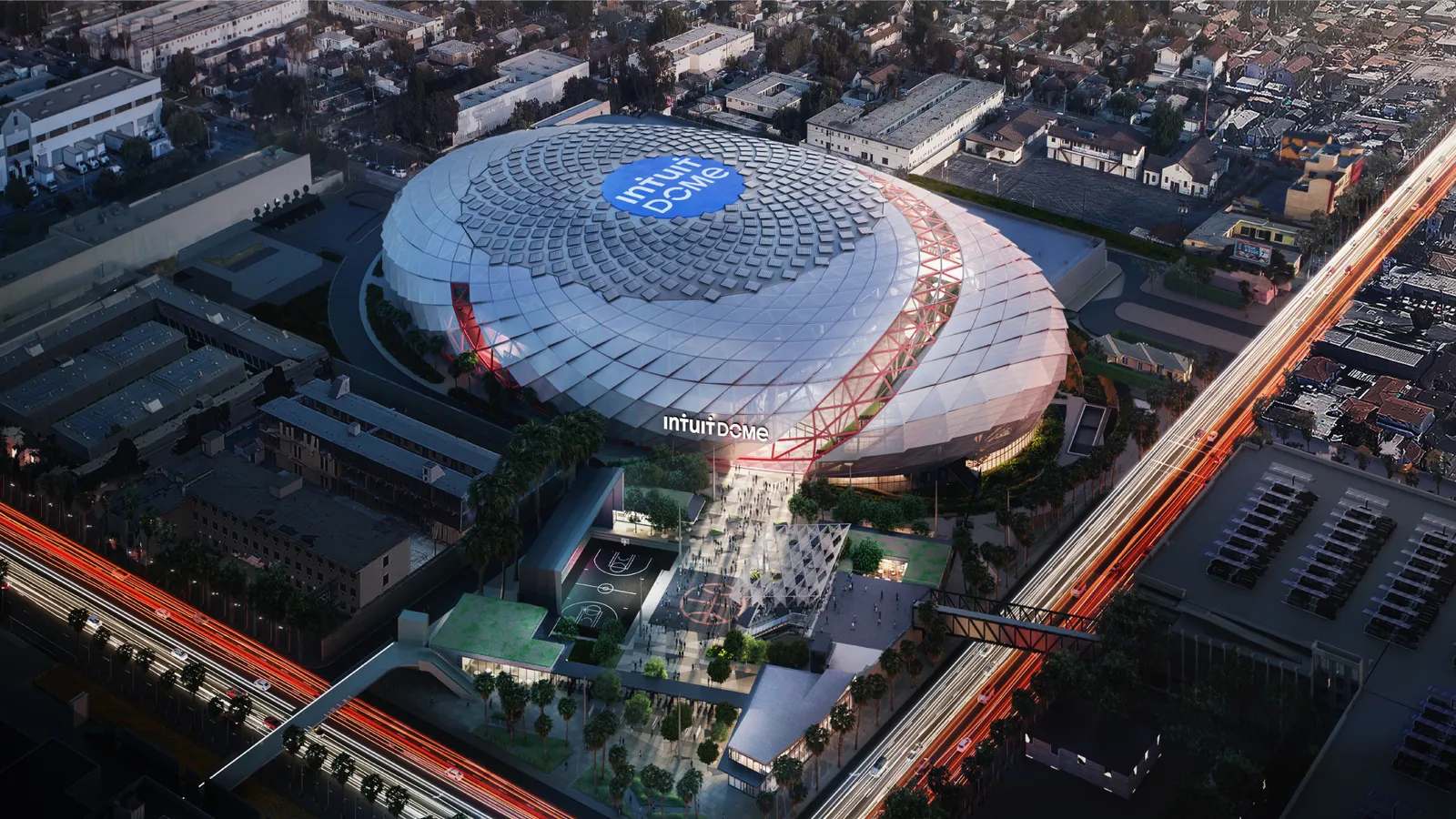 A rendering of the Intuit Dome basketball arena in Los Angeles.