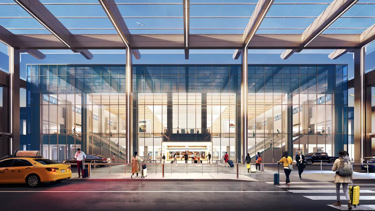 A rendering of Omaha&#x27;s Eppley Airfield. A new, glass-covered entrance and paved road linger out front.