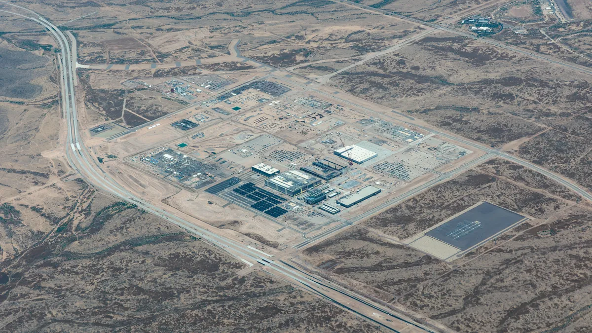 Aerial view of the new computer chip factory that's being built by The Taiwan Semiconductor Manufacturing Company in Arizona on the North side of Phoenix.