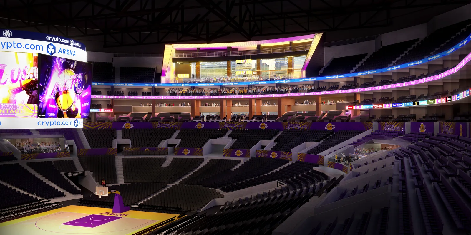 An interior rendering of a professional basketball court.
