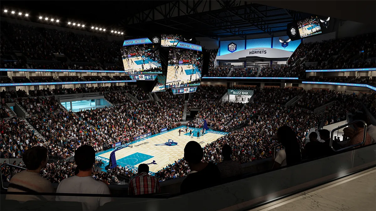 A rendering of an interior of a basketball arena from the view of the stands.